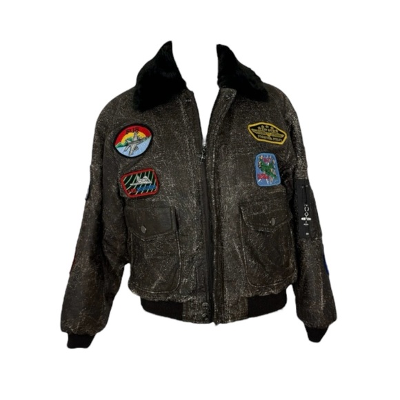 WII Style Bomber Jacket Boys XL (12-14) Brown Distressed Patches Flight Coat. - Picture 3 of 8